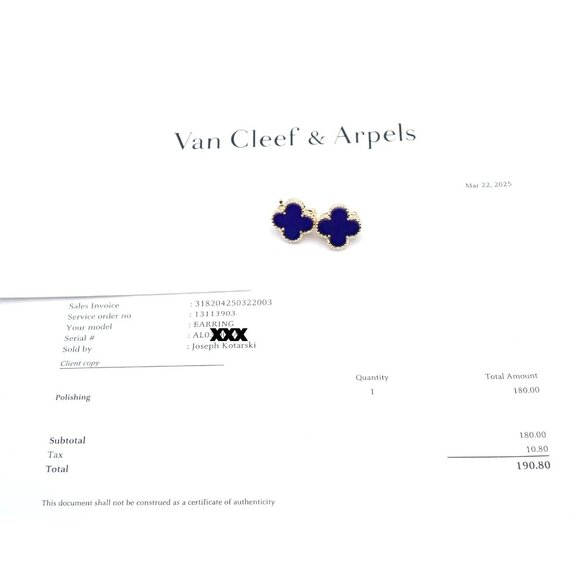 Van Cleef & Arpels 18k Yellow Gold Vintage Alhambra Blue Lapis Earrings Paper - Picture 5 of 12